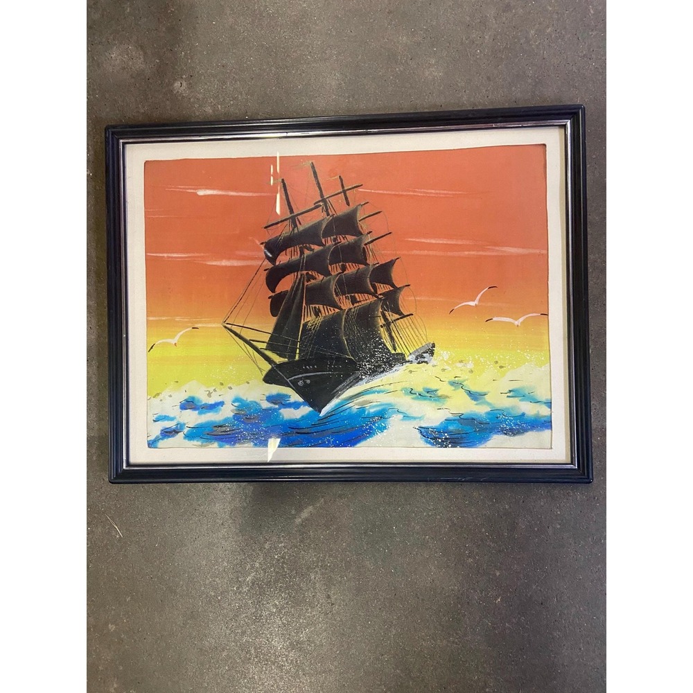 Vintage Ship On The Water on Cloth Print Framed